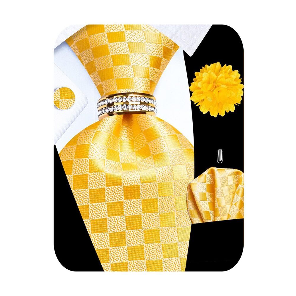 3911 5PCS Yellow Plaid Silk Tie, Pocket Square, Cufflinks, Drilled Tie Ring